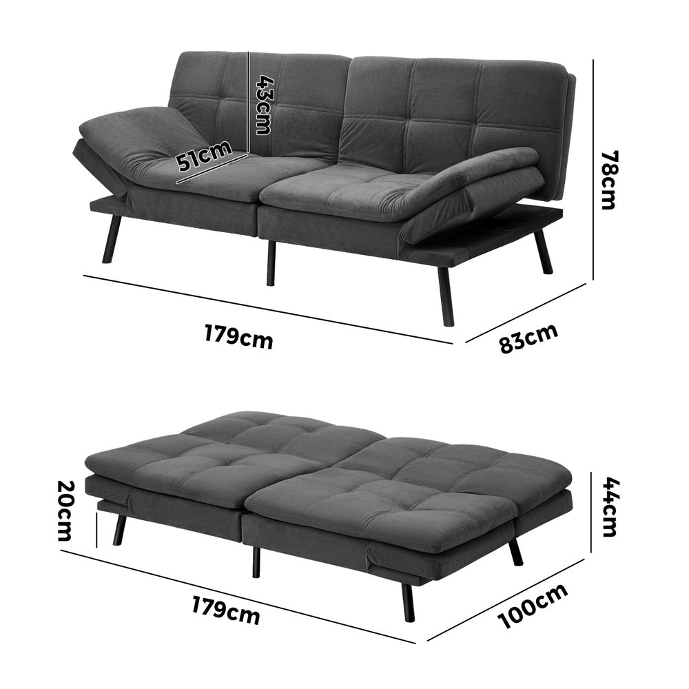 Oikiture Sofa Bed Futon Lounge Couch Convertible Polyester 3-Seater Grey