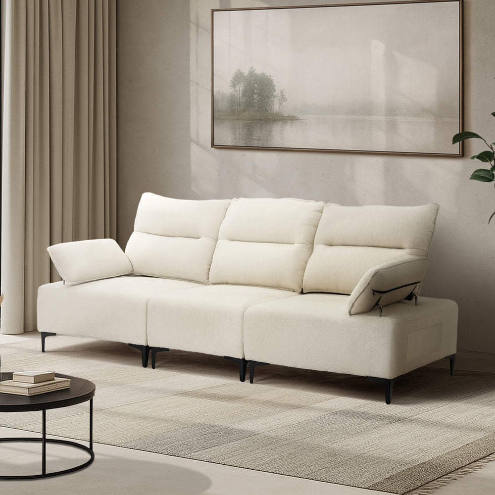 3 Seater Couch Sofa Chenille Adjustable Armrest Beige