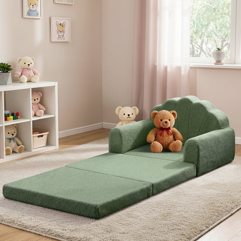 Shell Kids Fold Out Sofa & Bed Sherpa Boucle Green