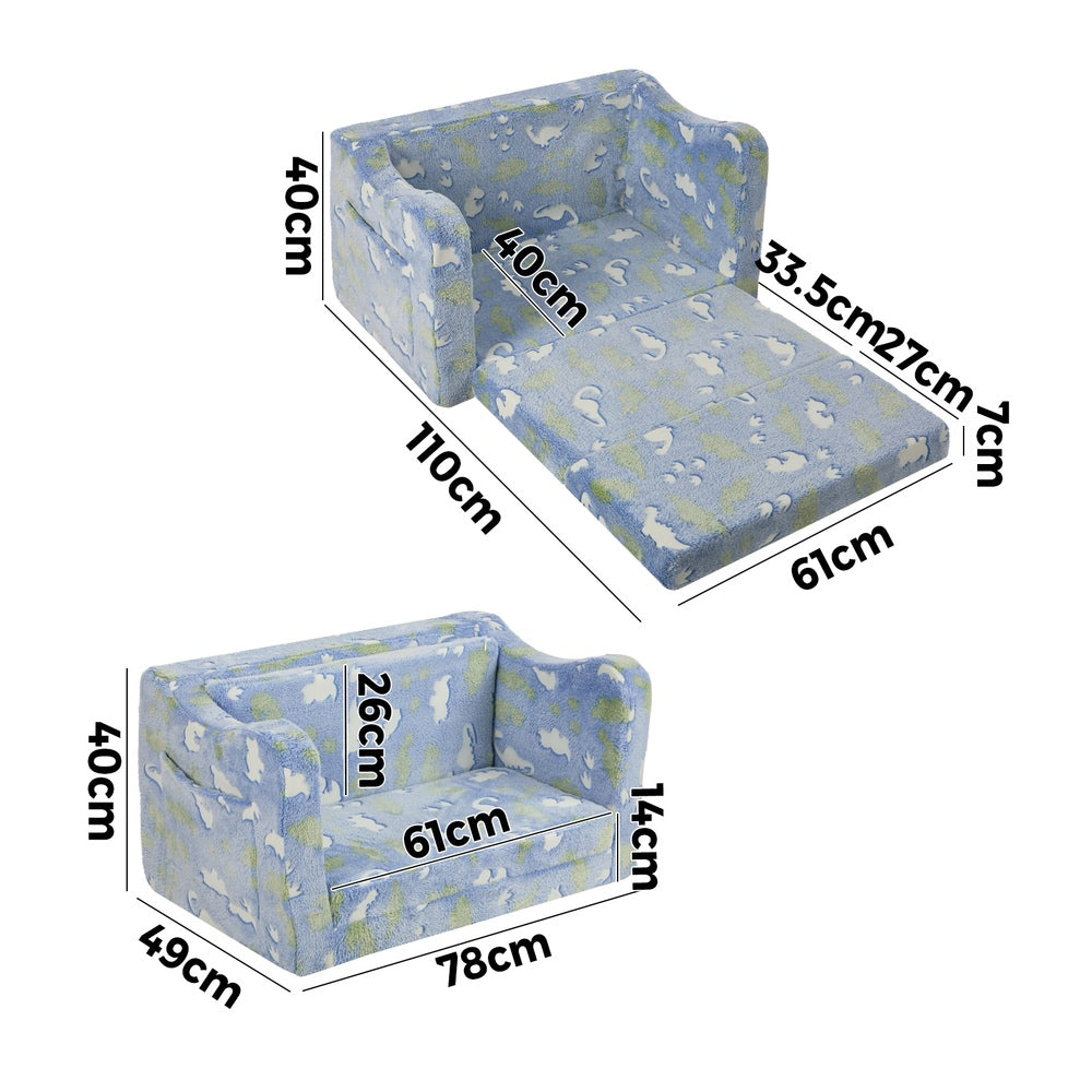 Oikiture Kids Fold Out Sofa Bed Dinosaur Flannel Blue