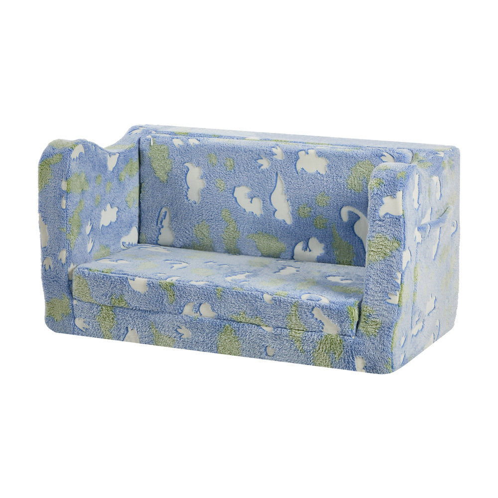 Oikiture Kids Fold Out Sofa Bed Dinosaur Flannel Blue