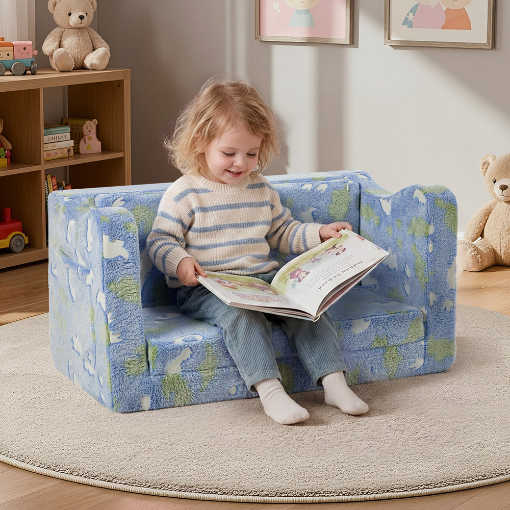 Oikiture Kids Fold Out Sofa Bed Dinosaur Flannel Blue