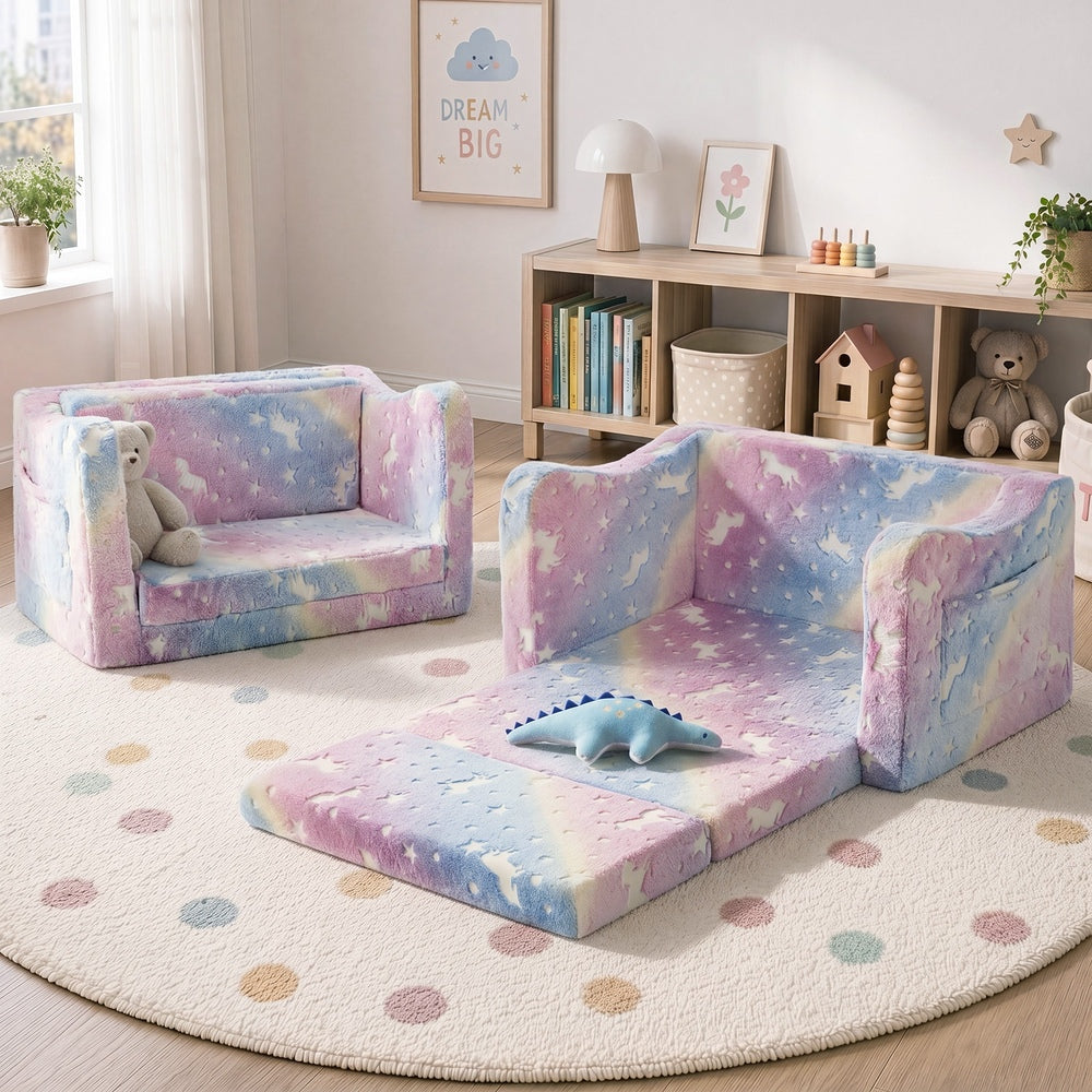 Oikiture Kids Fold Out Sofa Bed Dinosaur Flannel Pink