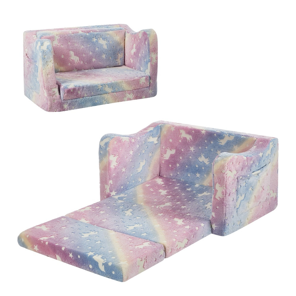 Oikiture Kids Fold Out Sofa Bed Dinosaur Flannel Pink