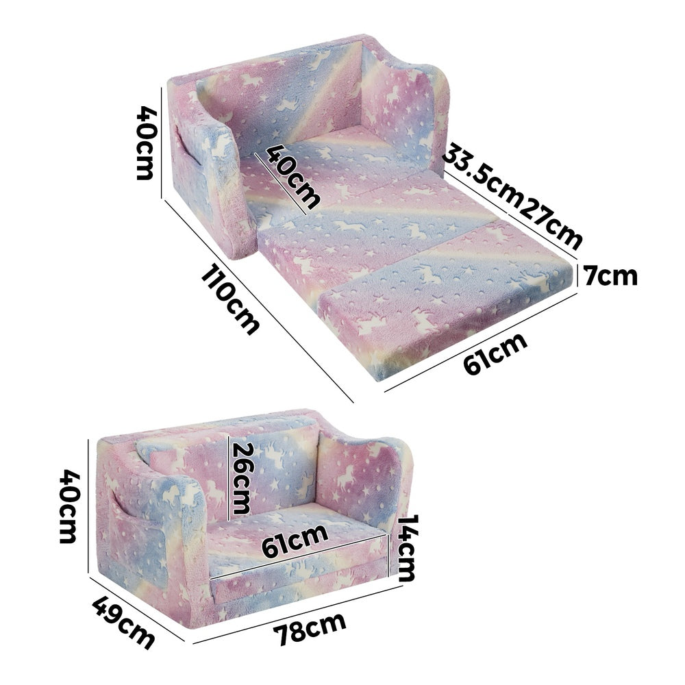 Oikiture Kids Fold Out Sofa Bed Dinosaur Flannel Pink