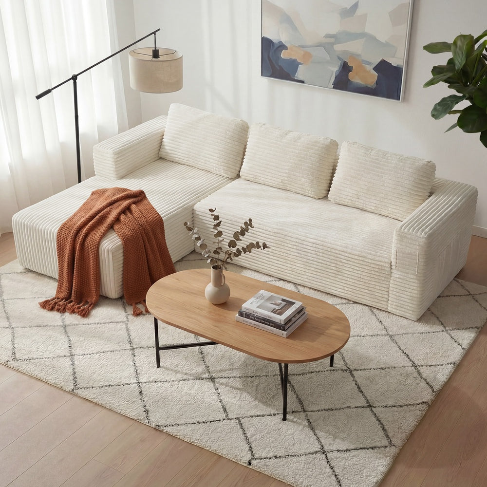 Oikiture L Shape Sofa Cloud Couch Chaise Corduroy Beige