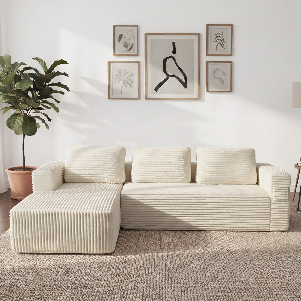 Oikiture L Shape Sofa Cloud Couch Chaise Corduroy Beige