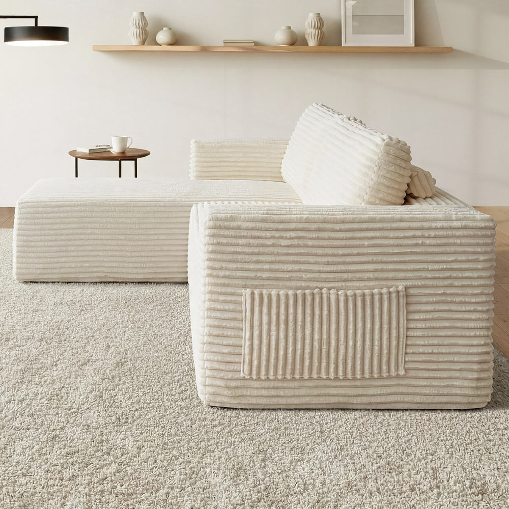 Oikiture L Shape Sofa Cloud Couch Chaise Corduroy Beige