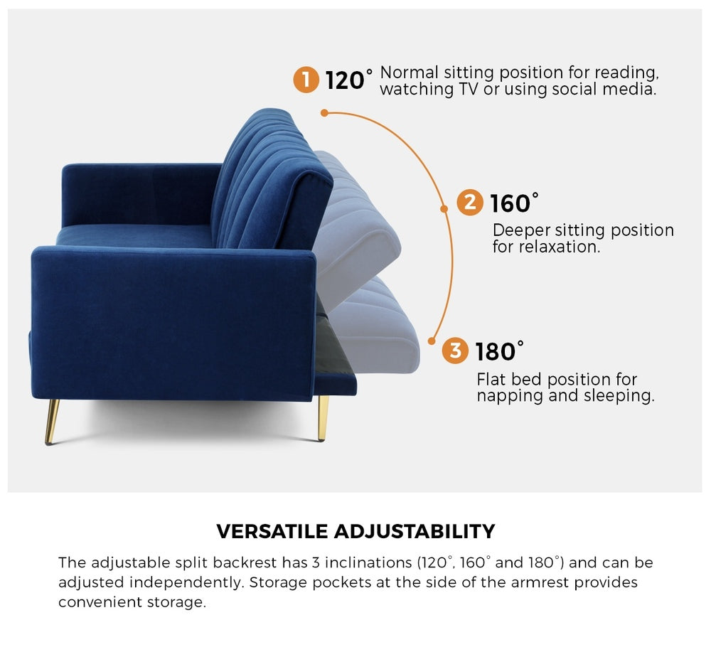 3 Seater Sofa Bed Velvet Blue