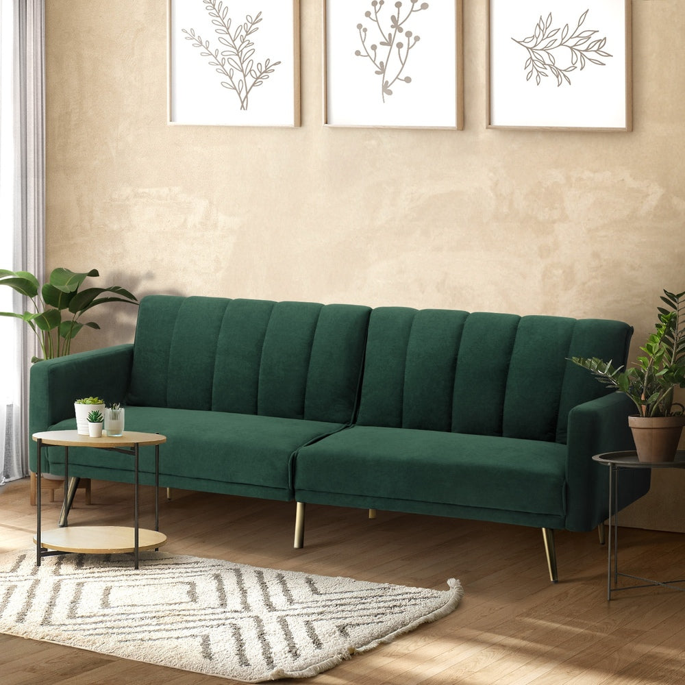 Oikiture 3 Seater Sofa Bed Convertible Velvet Green