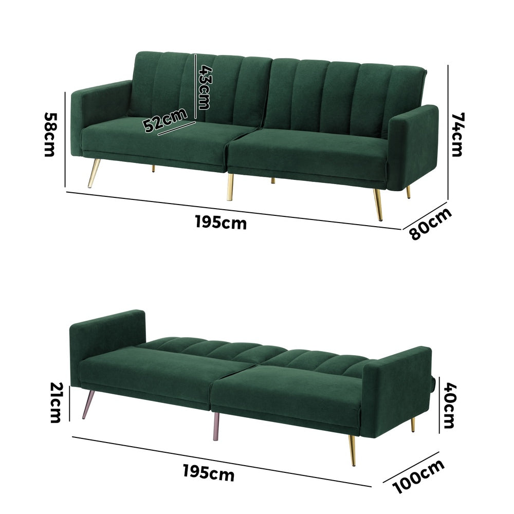 Oikiture 3 Seater Sofa Bed Convertible Velvet Green