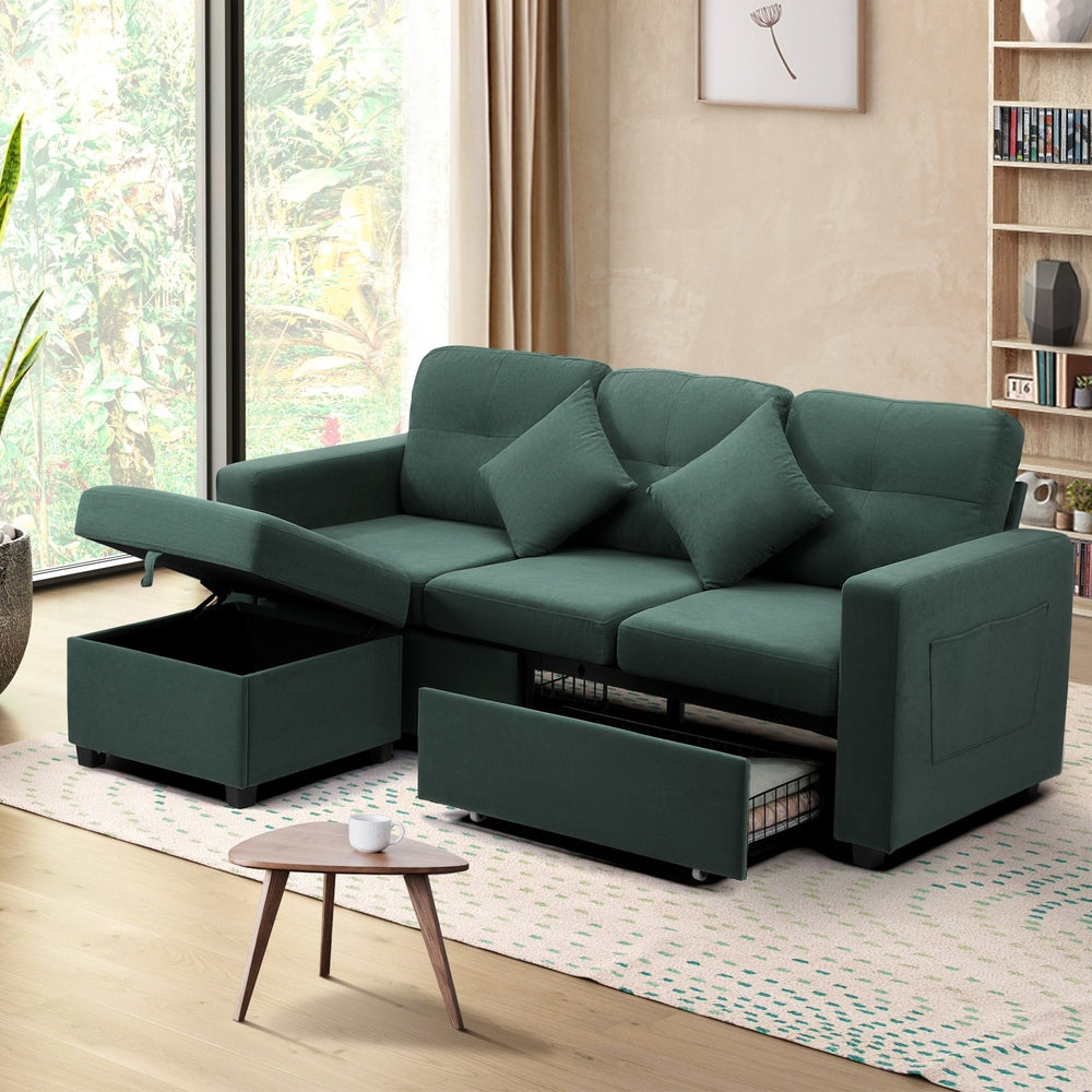 Oikiture 3 Seater Sofa Lounge Set Modular Couch Drawers&Ottoman Velvet Green