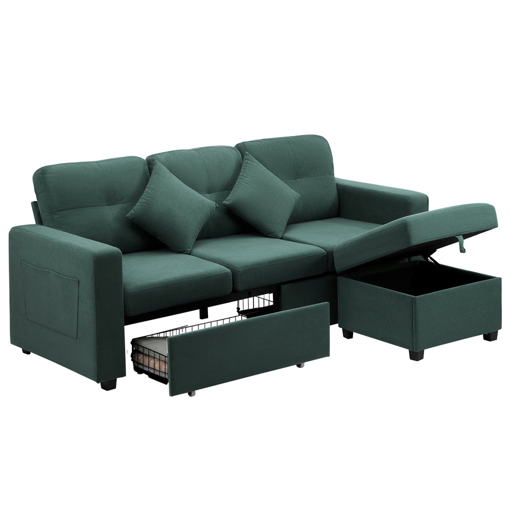 Oikiture 3 Seater Sofa Lounge Set Modular Couch Drawers&Ottoman Velvet Green