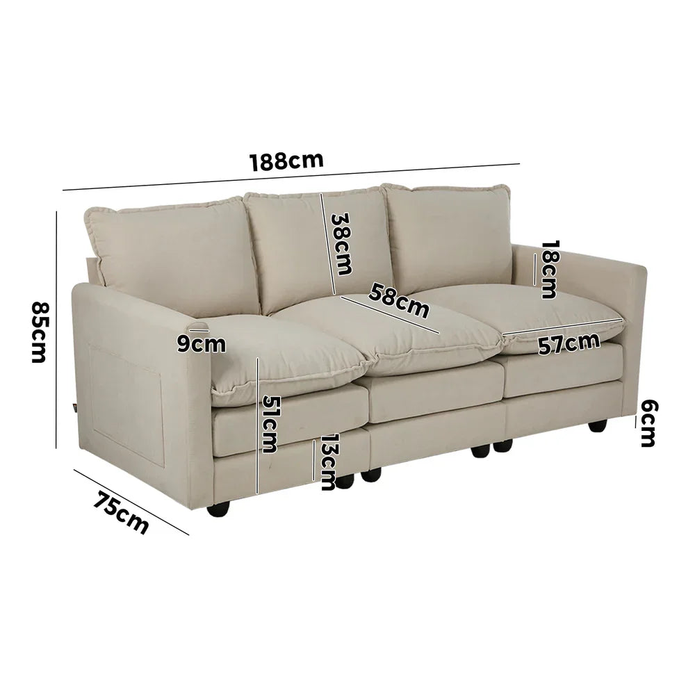 3 Seater Sofa Couch Lounge Thick Cushion Futon Corduroy Beige