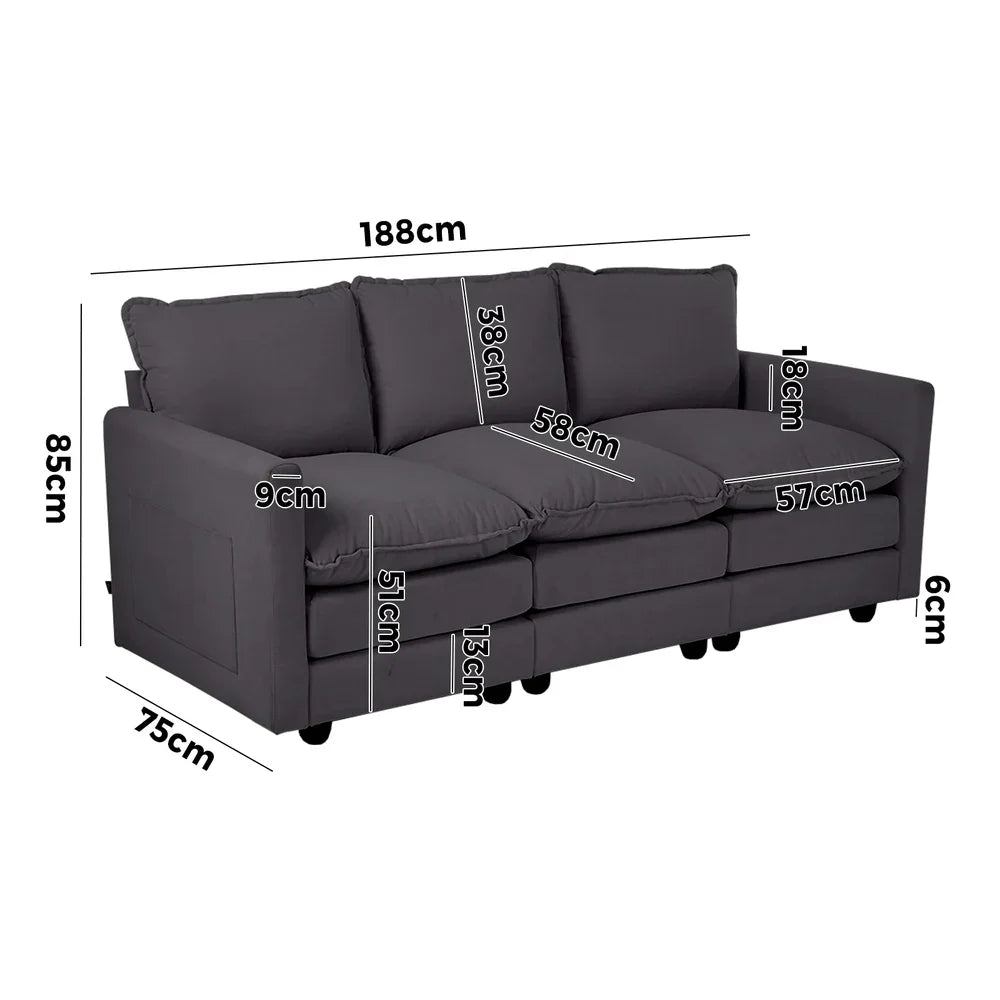 3 Seater Sofa Couch Lounge Thick Cushion Futon Corduroy Grey