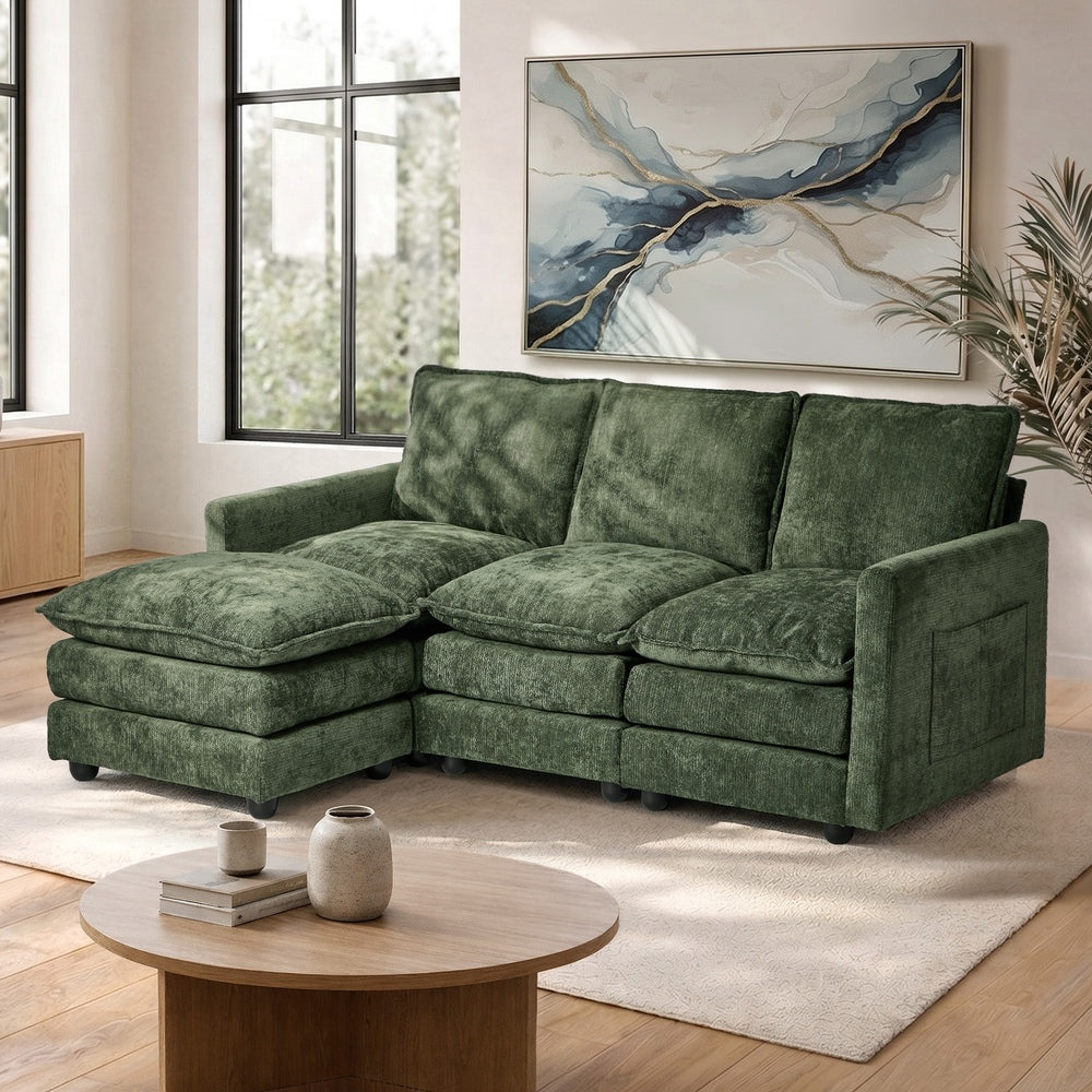 Oikiture Modular Sofa L-Shaped 3 Seater Ottoman Chenille Green