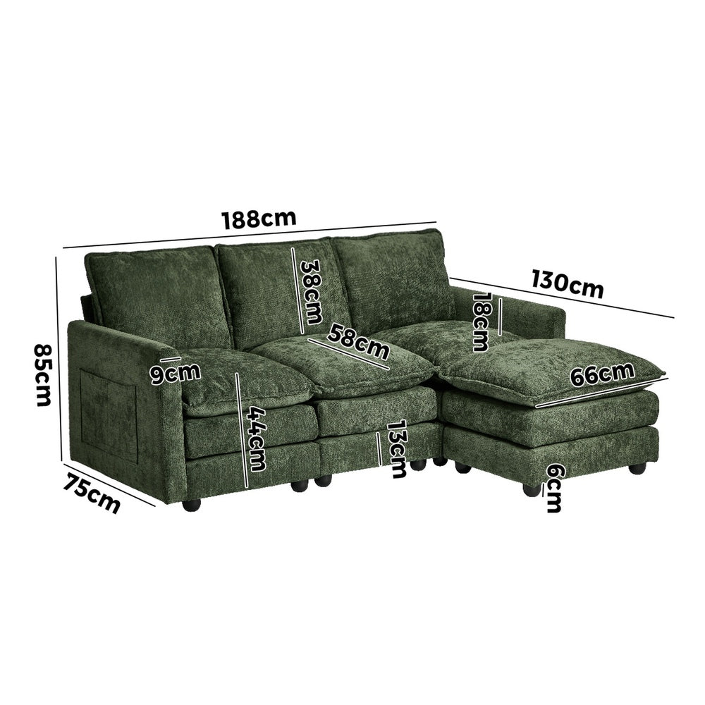 Oikiture Modular Sofa L-Shaped 3 Seater Ottoman Chenille Green