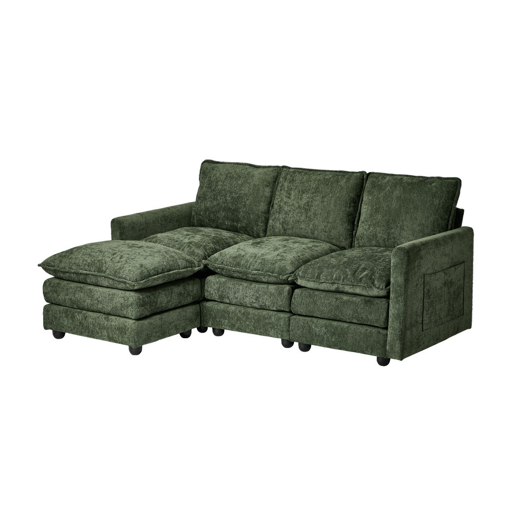 Oikiture Modular Sofa L-Shaped 3 Seater Ottoman Chenille Green