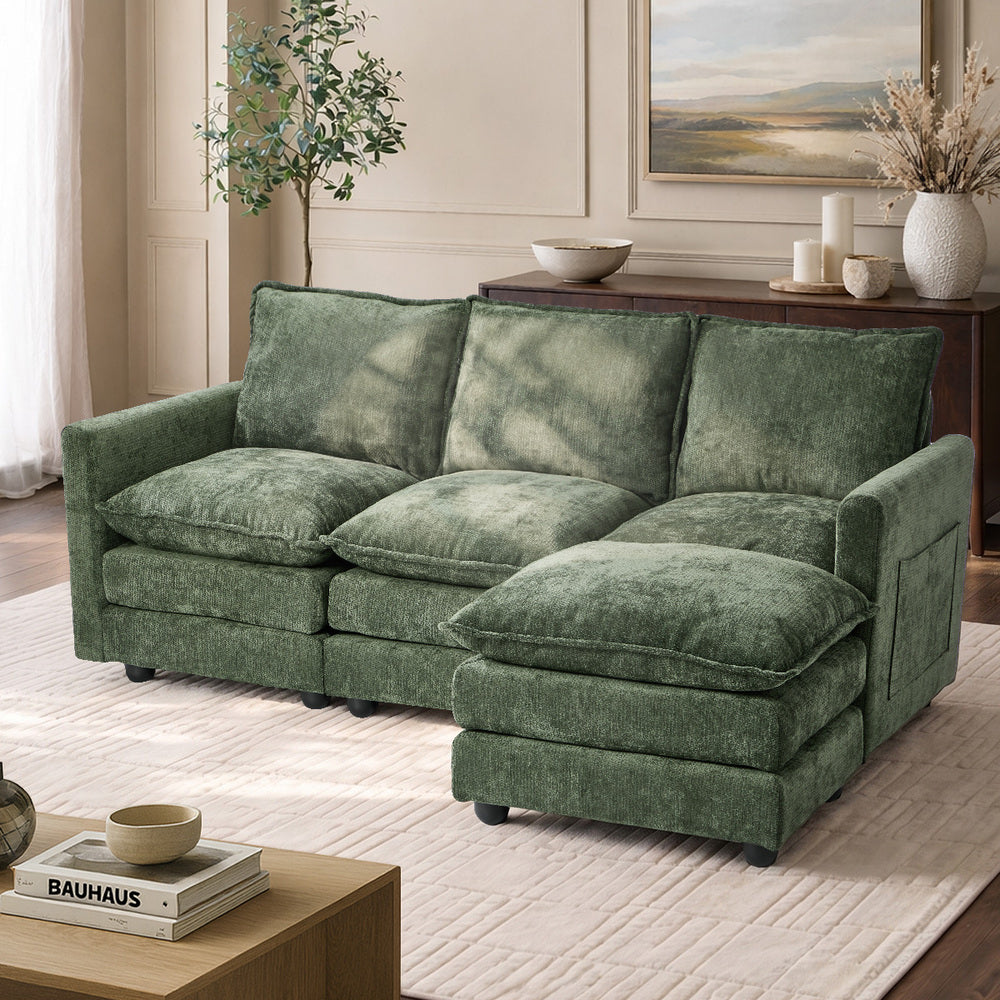 Oikiture Modular Sofa L-Shaped 3 Seater Ottoman Chenille Green