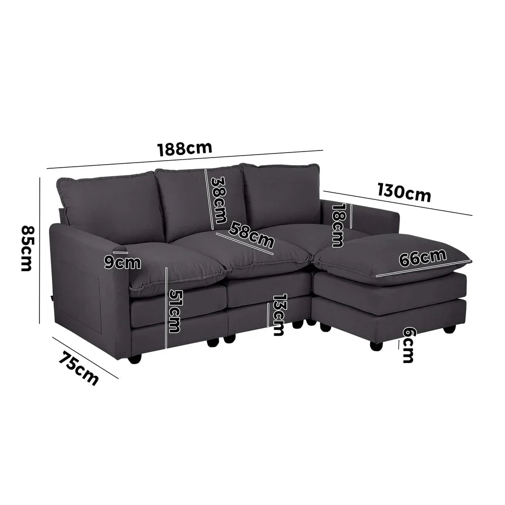 Sofa Set Modular Couch Ottoman Lounge Thick Cushion Grey