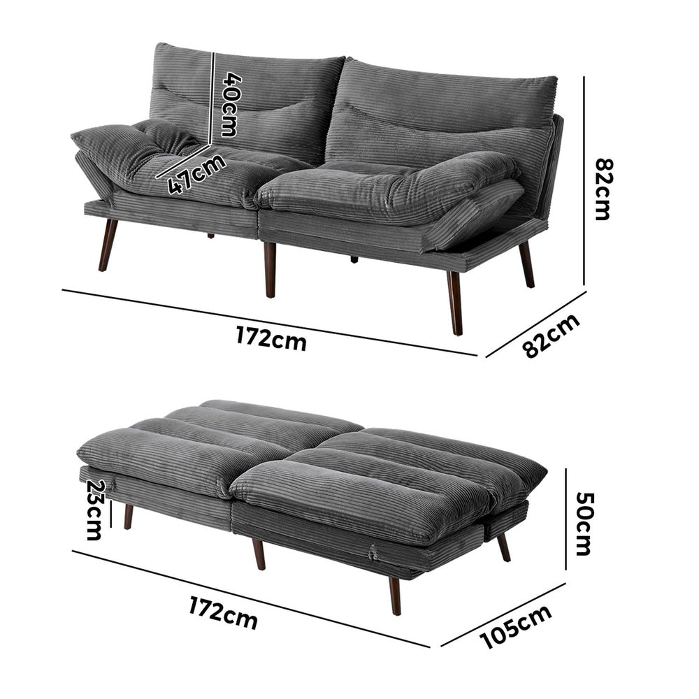 3 Seater Recliner Sofa Bed, Convertible Corduroy Lounge Couch, Grey Colour