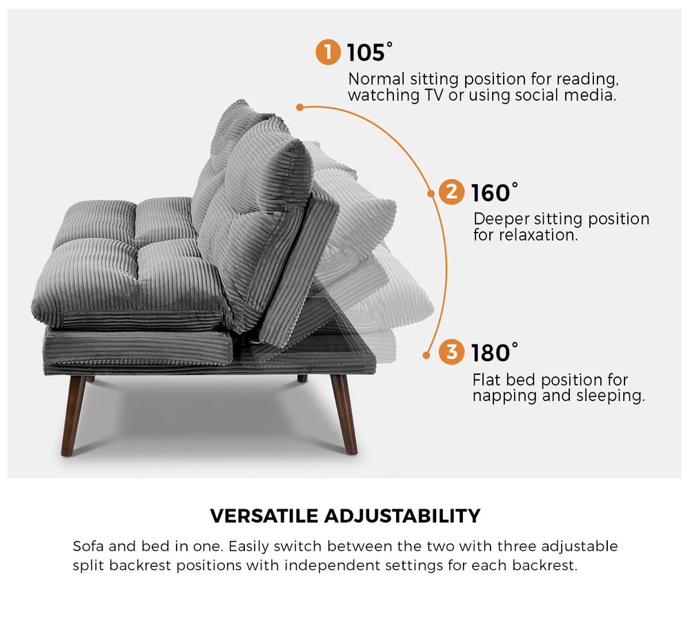 3 Seater Recliner Sofa Bed, Convertible Corduroy Lounge Couch, Grey Colour