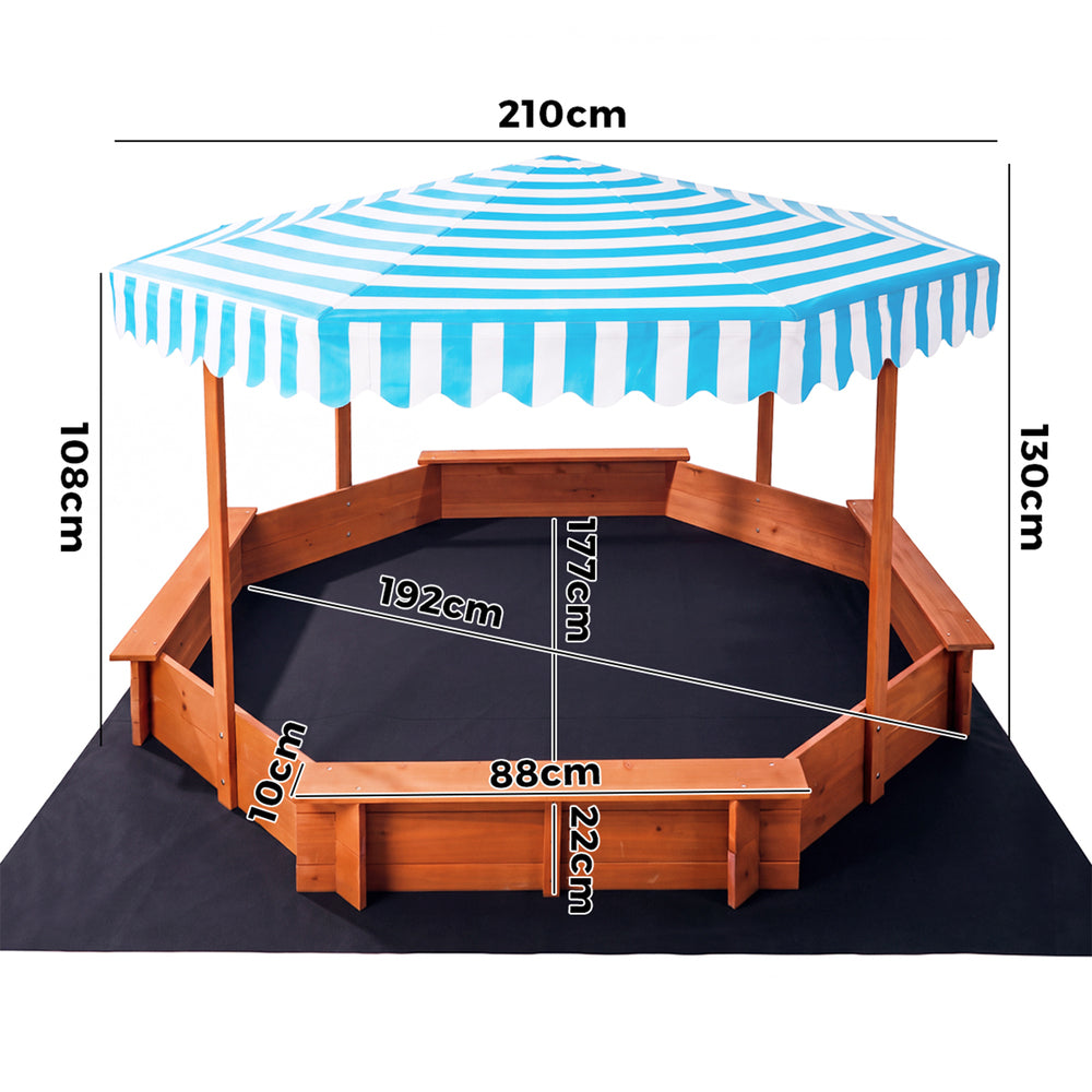 Mazam 210cm Kids Octagonal Wooden Sandpit UV Canopy Seats Bottom Liner