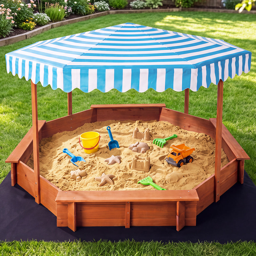 Mazam 210cm Kids Octagonal Wooden Sandpit UV Canopy Seats Bottom Liner