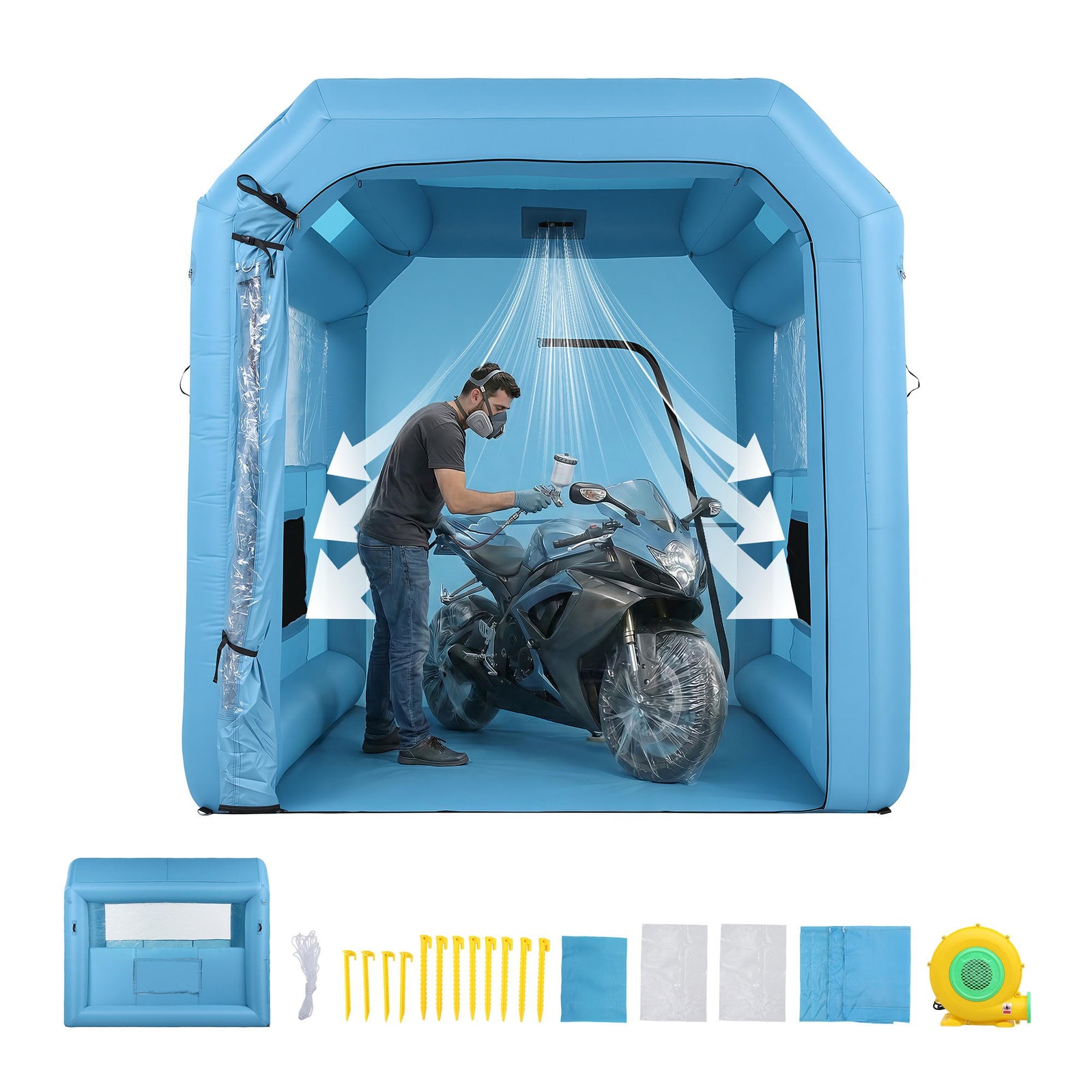 Inflatable Paint Booth 2.5X2.5X3M Inflatable Spray Booth with 550W Powerful Blower and Air Filter System, Round Roof with Light Hook, for Painting Bicycle, Motorcycle, Furniture Refinishing DIY