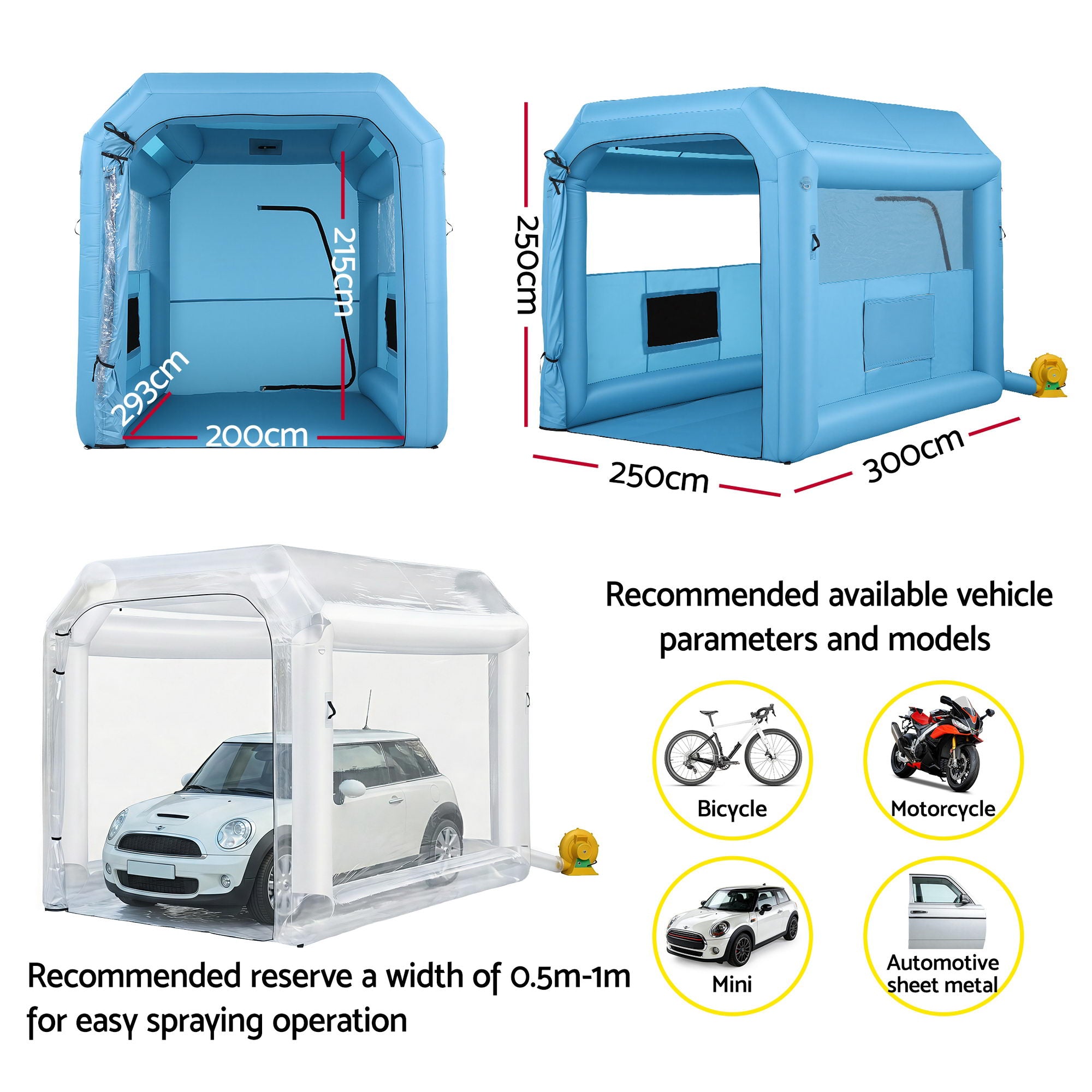 Inflatable Paint Booth 2.5X2.5X3M Inflatable Spray Booth with 550W Powerful Blower and Air Filter System, Round Roof with Light Hook, for Painting Bicycle, Motorcycle, Furniture Refinishing DIY