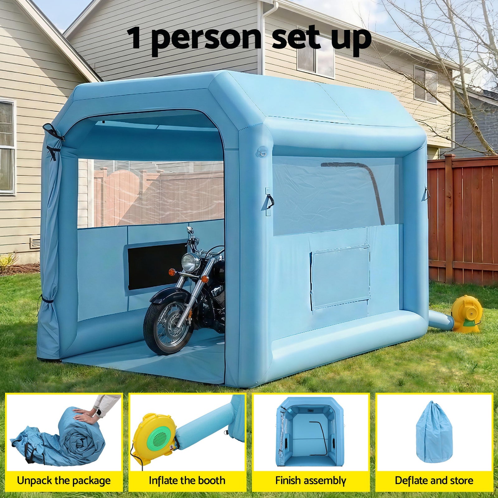 Inflatable Paint Booth 2.5X2.5X3M Inflatable Spray Booth with 550W Powerful Blower and Air Filter System, Round Roof with Light Hook, for Painting Bicycle, Motorcycle, Furniture Refinishing DIY