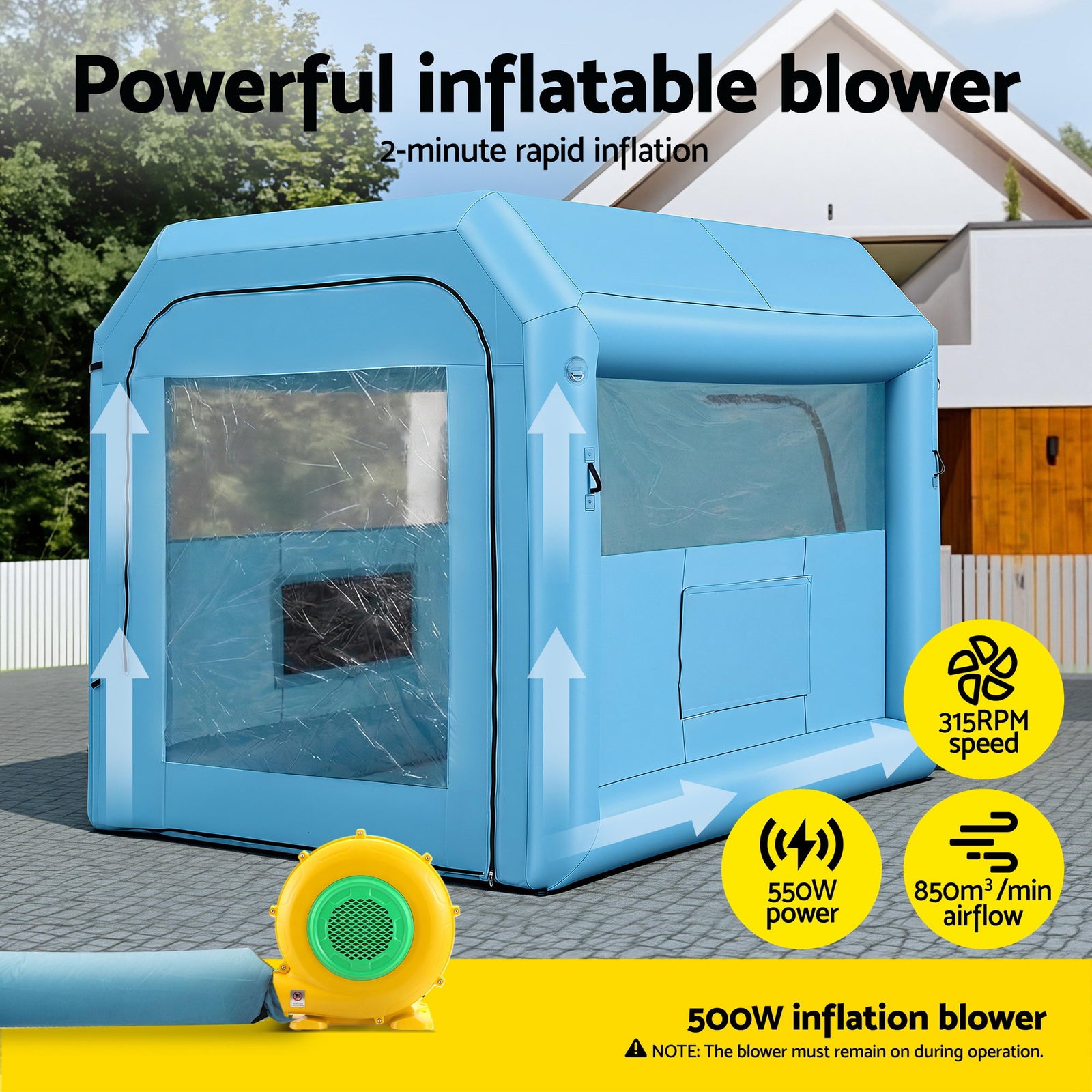 Inflatable Paint Booth 2.5X2.5X3M Inflatable Spray Booth with 550W Powerful Blower and Air Filter System, Round Roof with Light Hook, for Painting Bicycle, Motorcycle, Furniture Refinishing DIY
