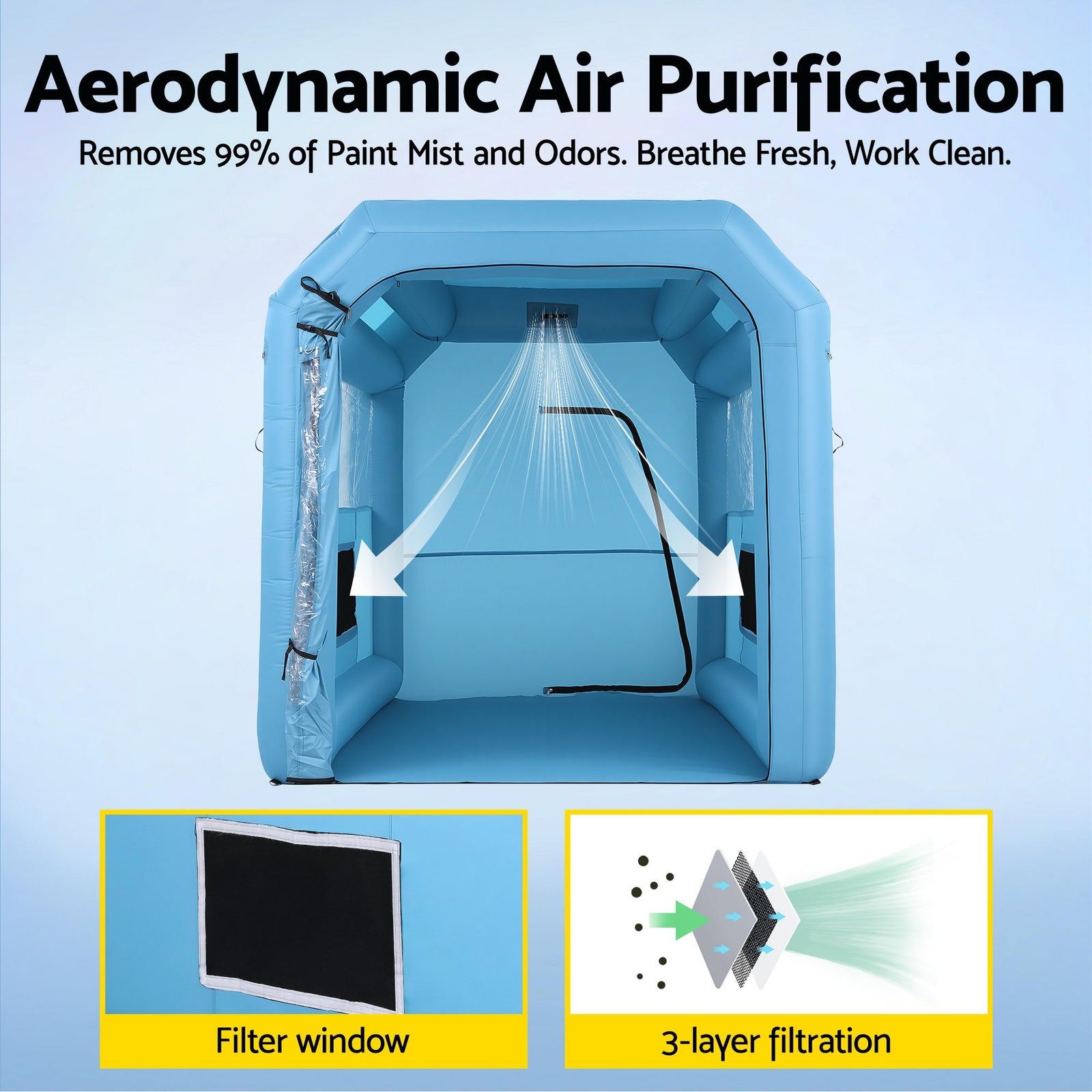 Inflatable Paint Booth 2.5X2.5X3M Inflatable Spray Booth with 550W Powerful Blower and Air Filter System, Round Roof with Light Hook, for Painting Bicycle, Motorcycle, Furniture Refinishing DIY