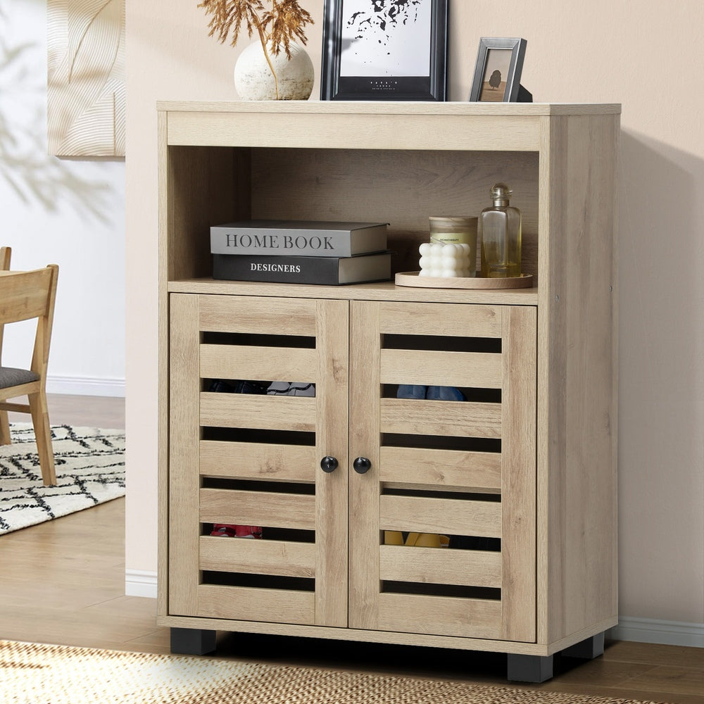 Shoes Storage Cabinet Organiser Shelf 2 Doors Brown