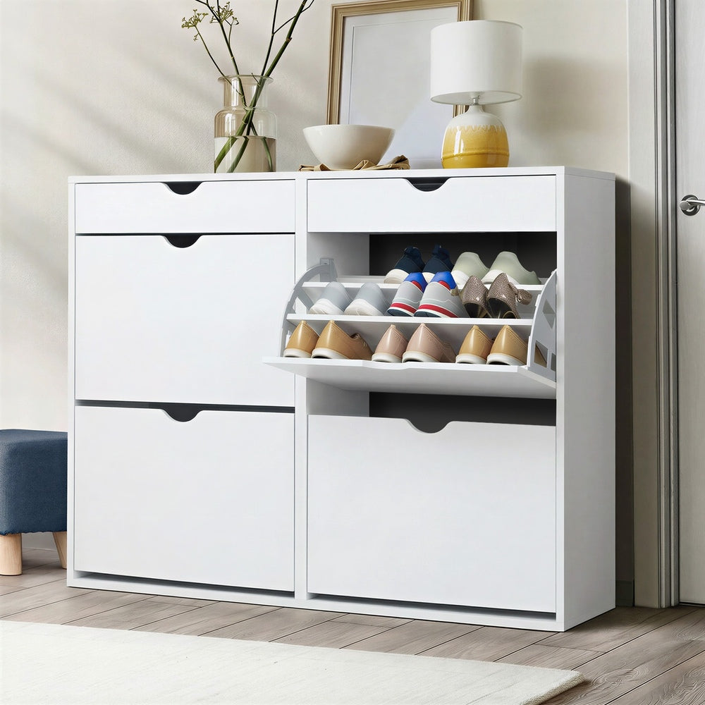 Shoe Cabinet – 4 Compartments, 2 Drawers, Adjustable Rows, White