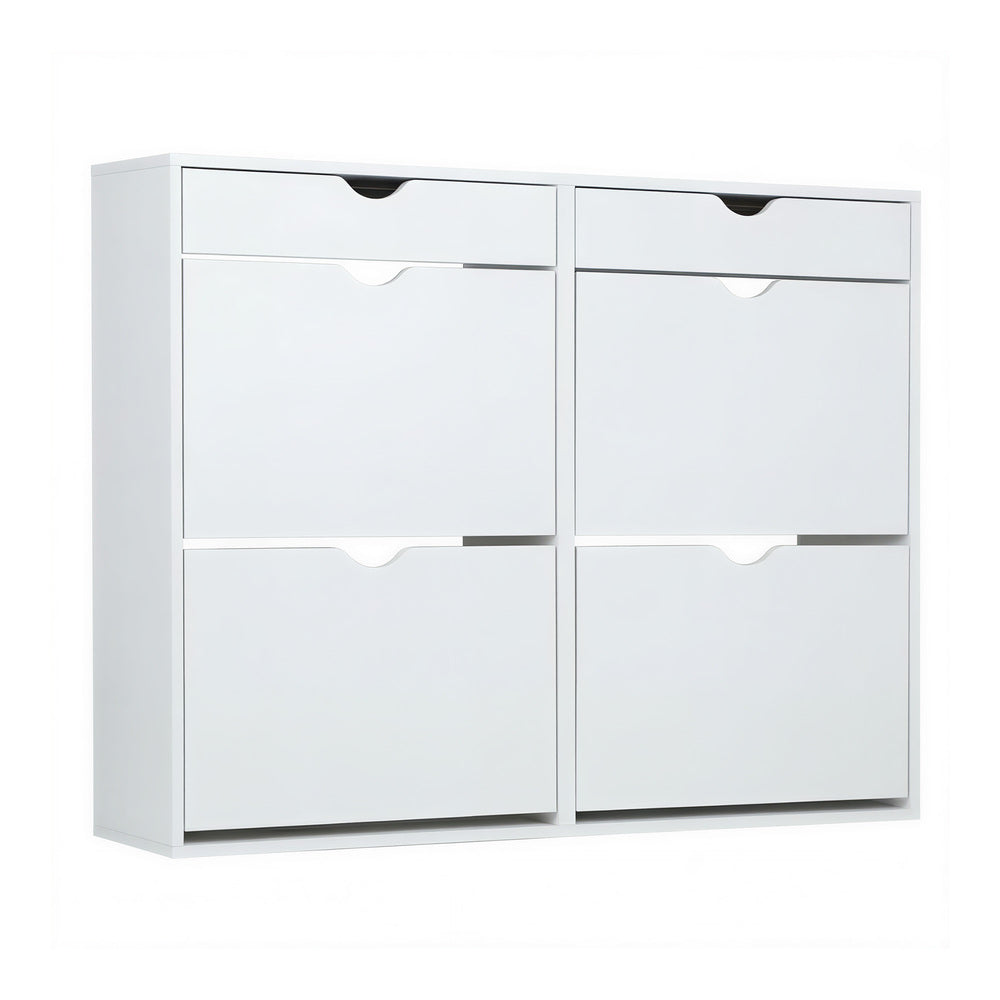 Shoe Cabinet – 4 Compartments, 2 Drawers, Adjustable Rows, White