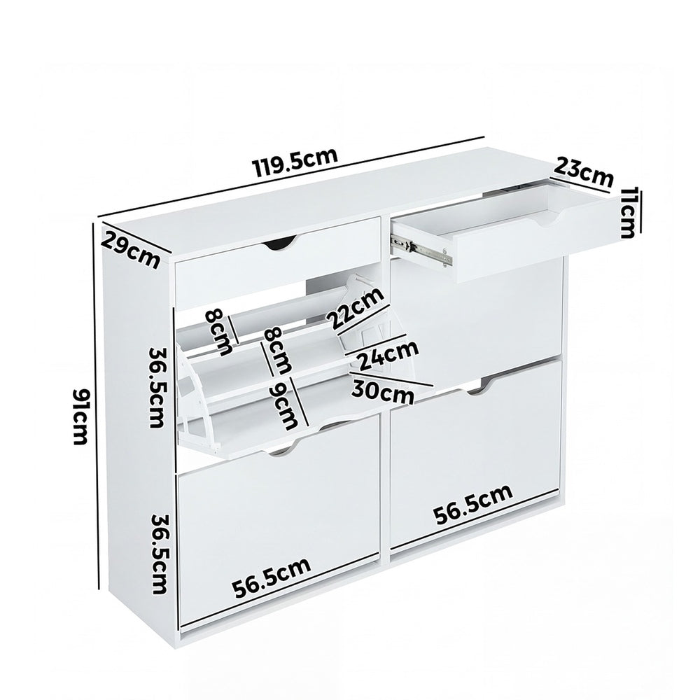 Shoe Cabinet – 4 Compartments, 2 Drawers, Adjustable Rows, White