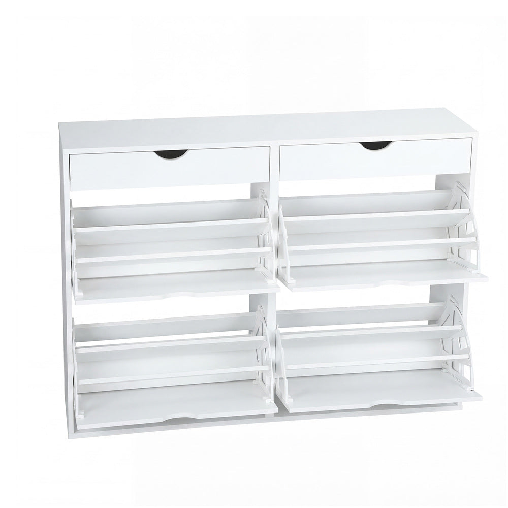 Shoe Cabinet – 4 Compartments, 2 Drawers, Adjustable Rows, White