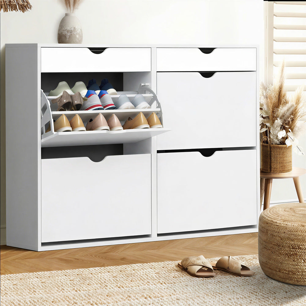 Shoe Cabinet – 4 Compartments, 2 Drawers, Adjustable Rows, White