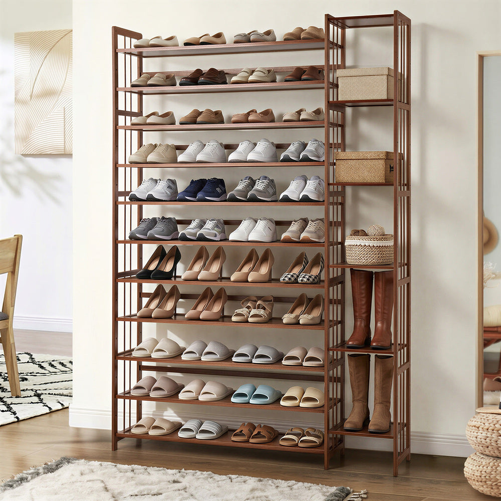 Bamboo Shoe Rack Stand, 11 Shelves with Boots Storage Section, Brown Colour