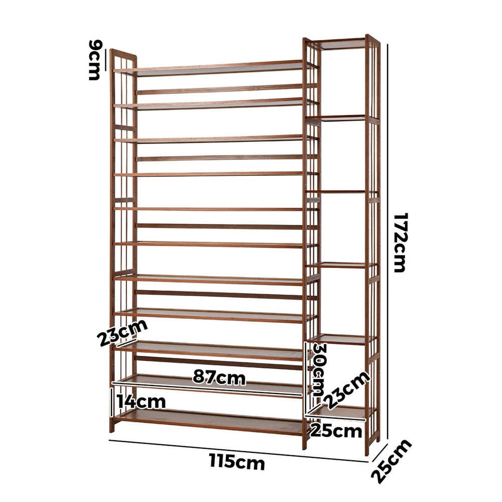 Bamboo Shoe Rack Stand, 11 Shelves with Boots Storage Section, Brown Colour