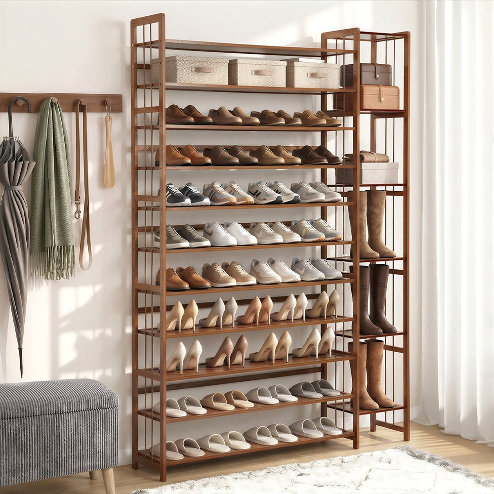 Bamboo Shoe Rack Stand, 11 Shelves with Boots Storage Section, Brown Colour