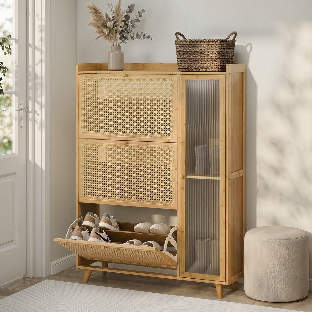Bamboo Shoe Cabinet Natural – 3‑Compartment Rattan Storage 30‑Pair