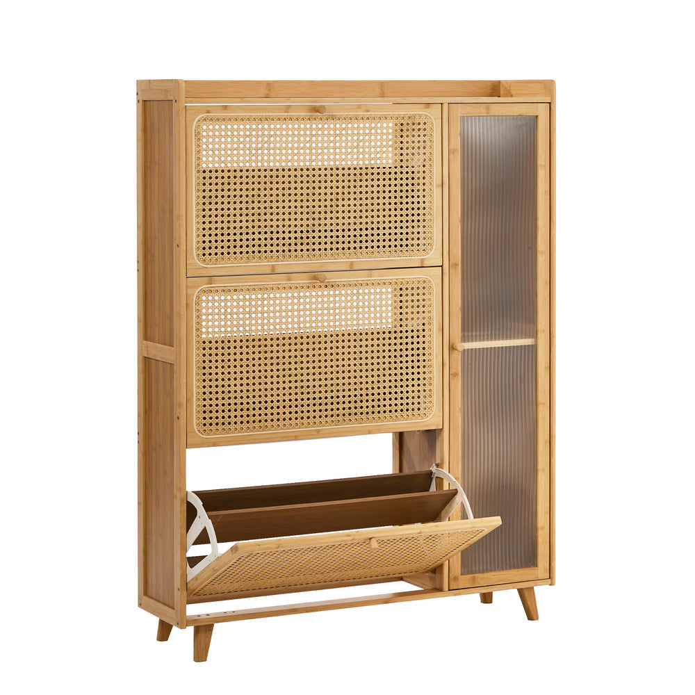 Bamboo Shoe Cabinet Natural – 3‑Compartment Rattan Storage 30‑Pair