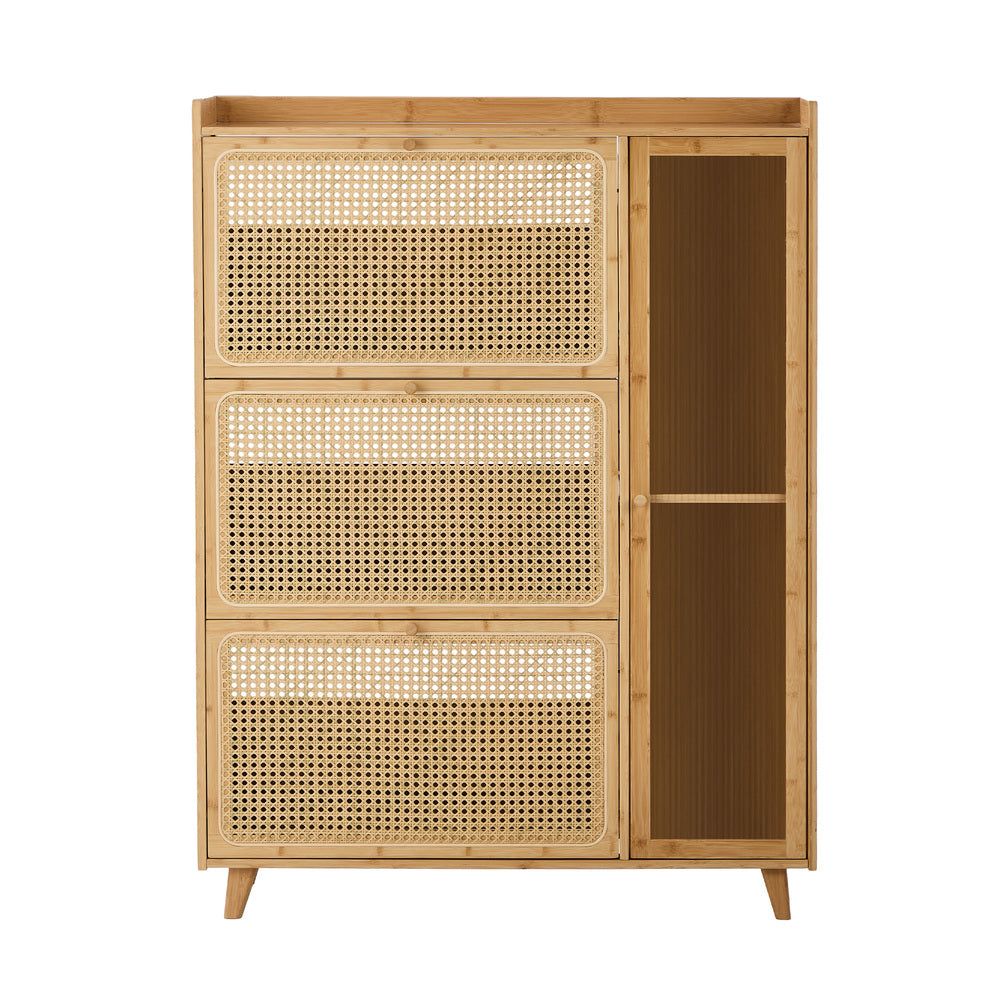 Bamboo Shoe Cabinet Natural – 3‑Compartment Rattan Storage 30‑Pair