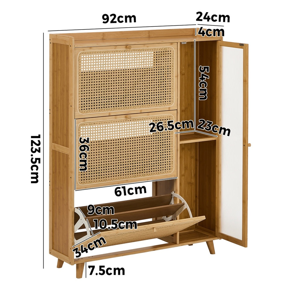 Bamboo Shoe Cabinet Natural – 3‑Compartment Rattan Storage 30‑Pair