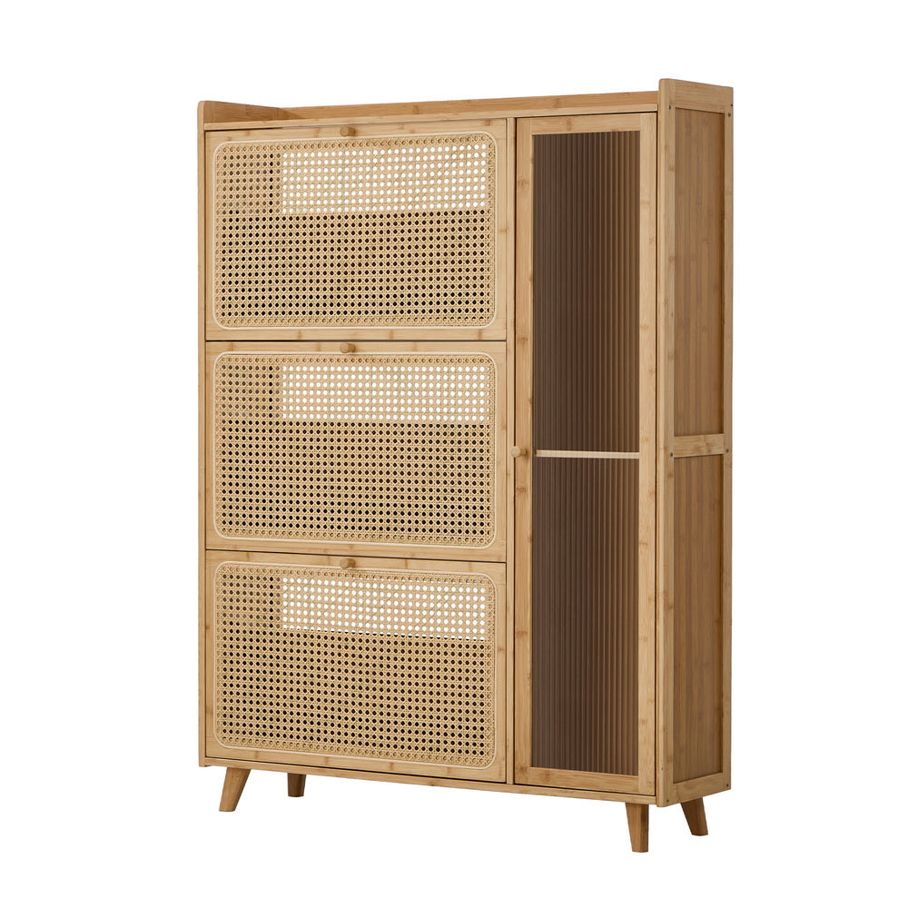 Bamboo Shoe Cabinet Natural – 3‑Compartment Rattan Storage 30‑Pair