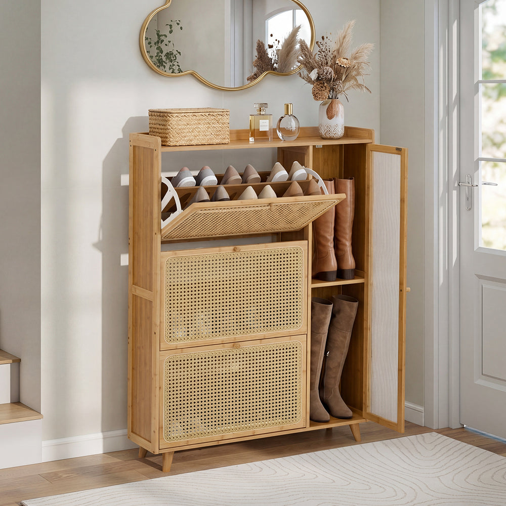 Bamboo Shoe Cabinet Natural – 3‑Compartment Rattan Storage 30‑Pair