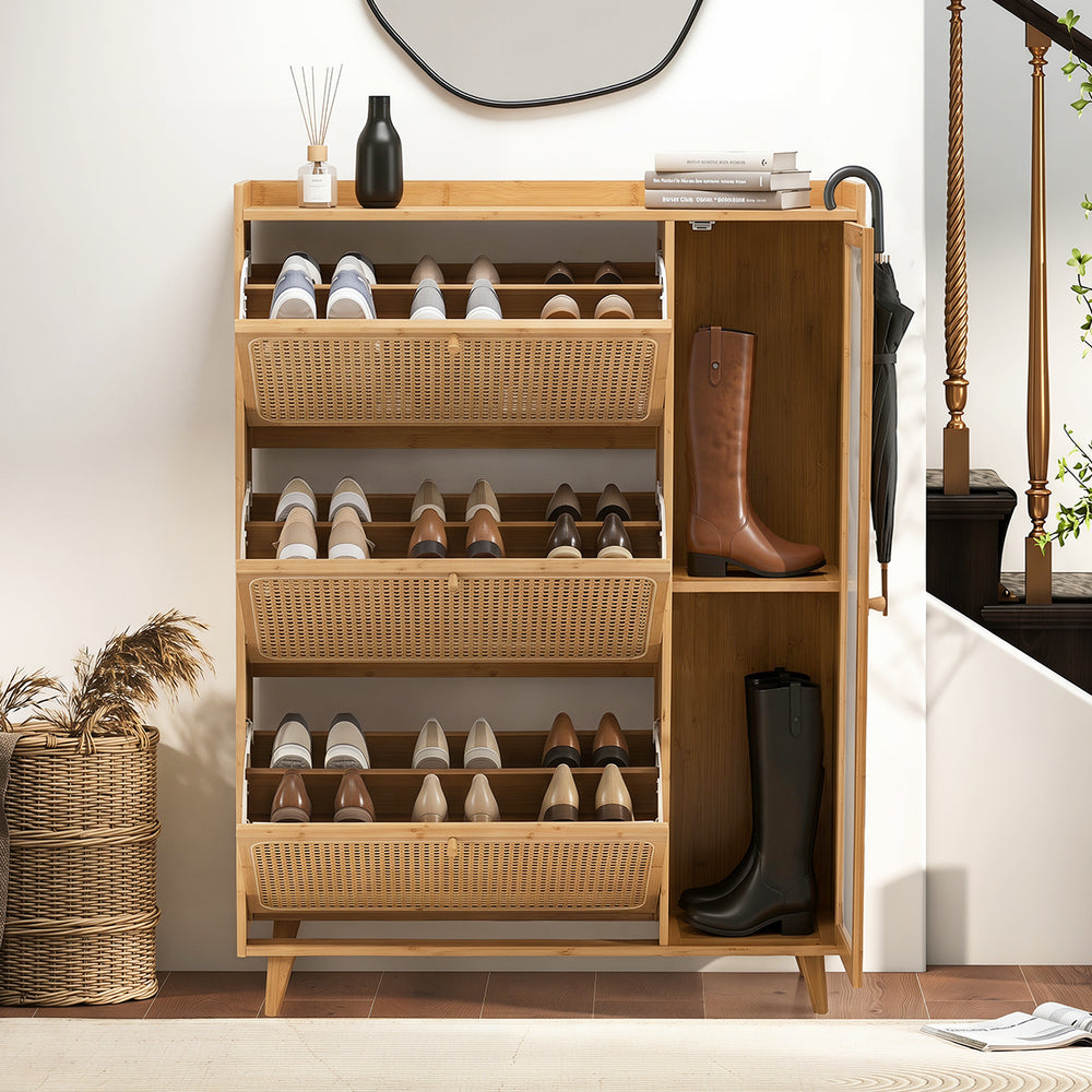 Bamboo Shoe Cabinet Natural – 3‑Compartment Rattan Storage 30‑Pair