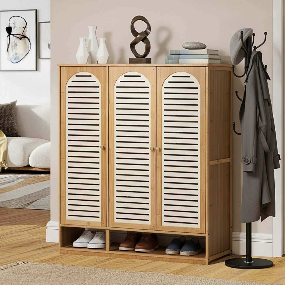 Shoe Storage Cabinet 3 Doors Bamboo Shoe Shelf Beige